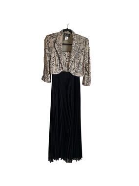 Alex Evenings 2pc Maxi Dress Gown Jacket Sz 8 Black Gold Sparkle Pleated Formal